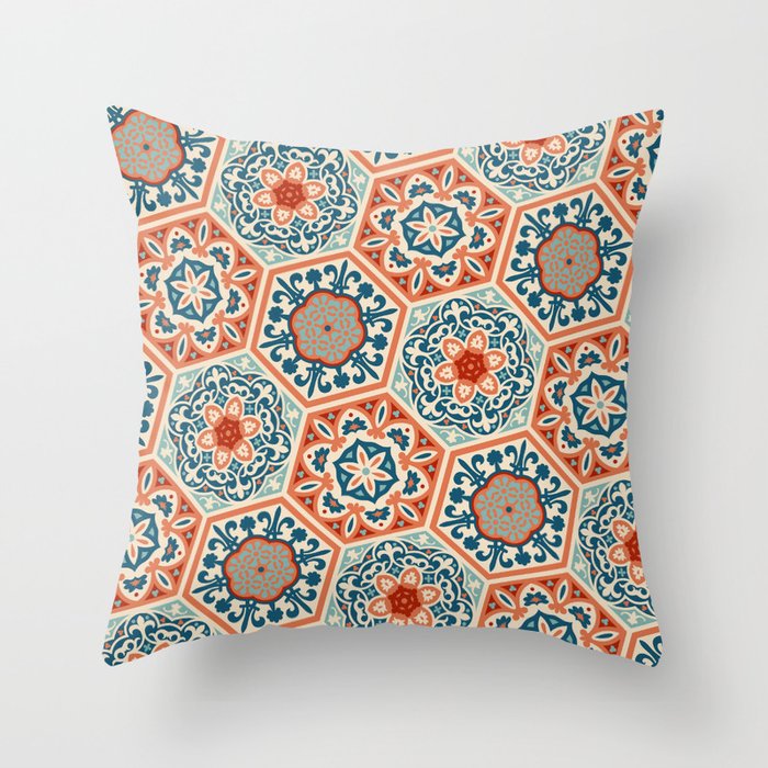 PATCHWORK tiles 01, terracotta orange and teal blue Throw Pillow
