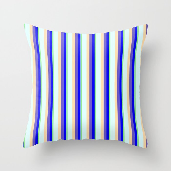 Eye-catching Light Green, Blue, Slate Blue, Tan & Light Cyan Colored Striped/Lined Pattern Throw Pillow