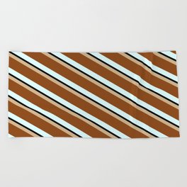[ Thumbnail: Tan, Brown, Light Cyan, and Black Colored Stripes/Lines Pattern Beach Towel ]