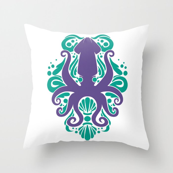 Damask Squid Aqua Violet Throw Pillow