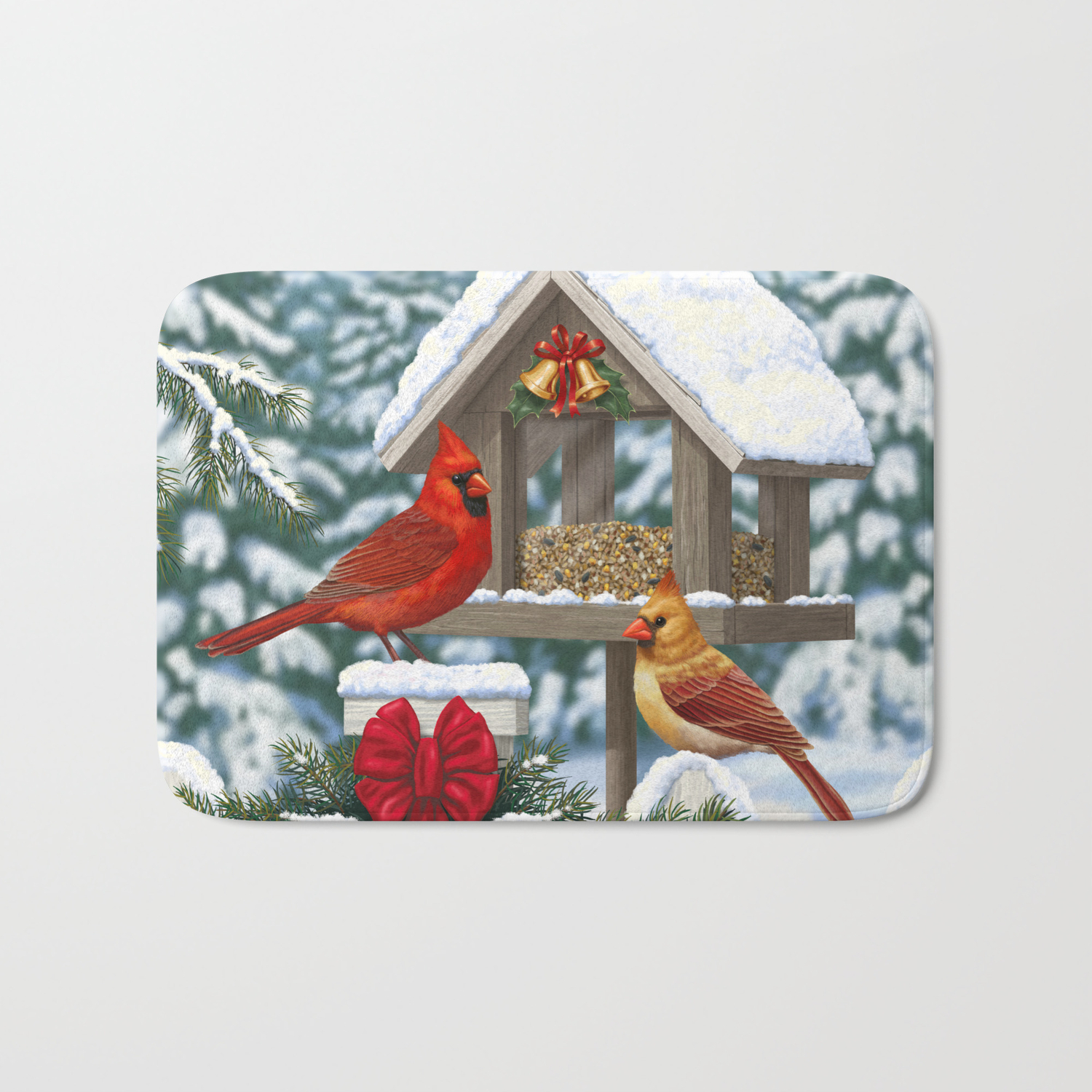 Red Cardinals And Christmas Bird Feeder Bath Mat By Csforest