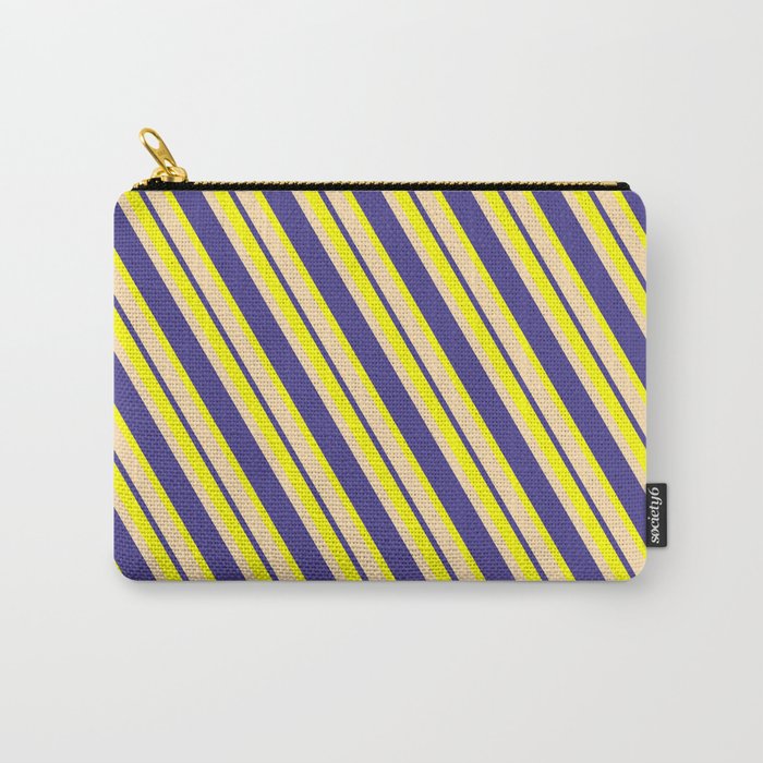 Yellow, Tan, and Dark Slate Blue Colored Striped/Lined Pattern Carry-All Pouch