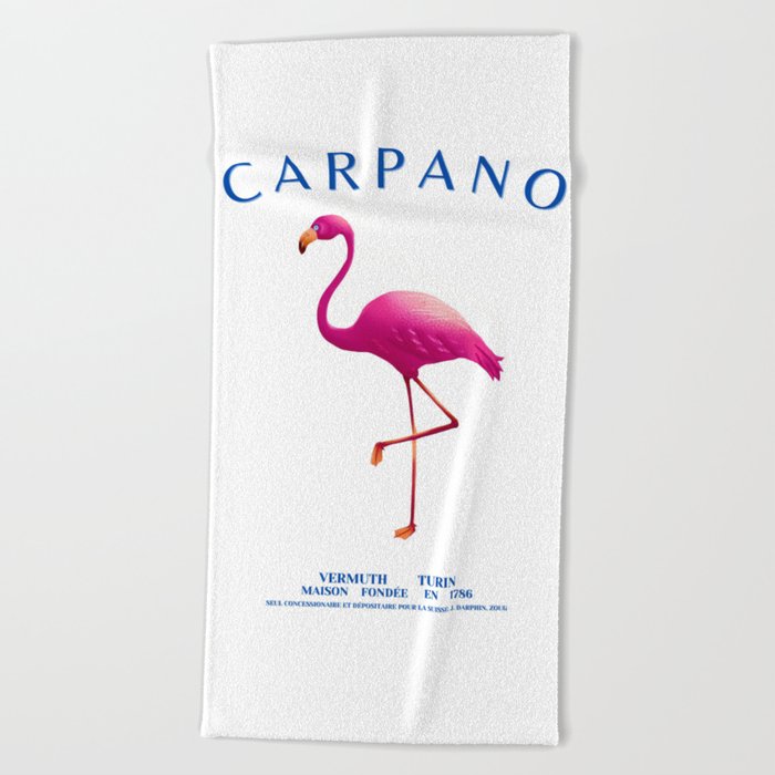 Vintage Carpano Bitters Alcoholic Beverages Pink Flamingo Motif Vermouth advertising carpano poster Beach Towel