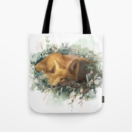 Cute fox sleeping on a bed of plants Tote Bag