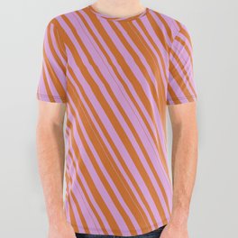 [ Thumbnail: Chocolate and Plum Colored Lined/Striped Pattern All Over Graphic Tee ]