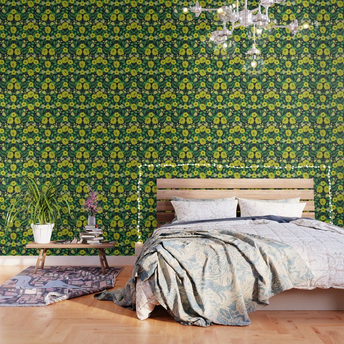 Kelly Green, Navy Blue, Lime & Yellow Floral Pattern Wallpaper