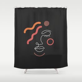 African woman in a line art style with abstract shapes. Isolated on black. Shower Curtain