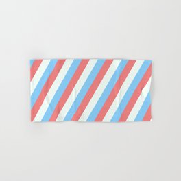 [ Thumbnail: Light Sky Blue, Light Coral, and Mint Cream Colored Lined Pattern Hand & Bath Towel ]