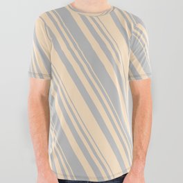 [ Thumbnail: Grey & Bisque Colored Lined/Striped Pattern All Over Graphic Tee ]