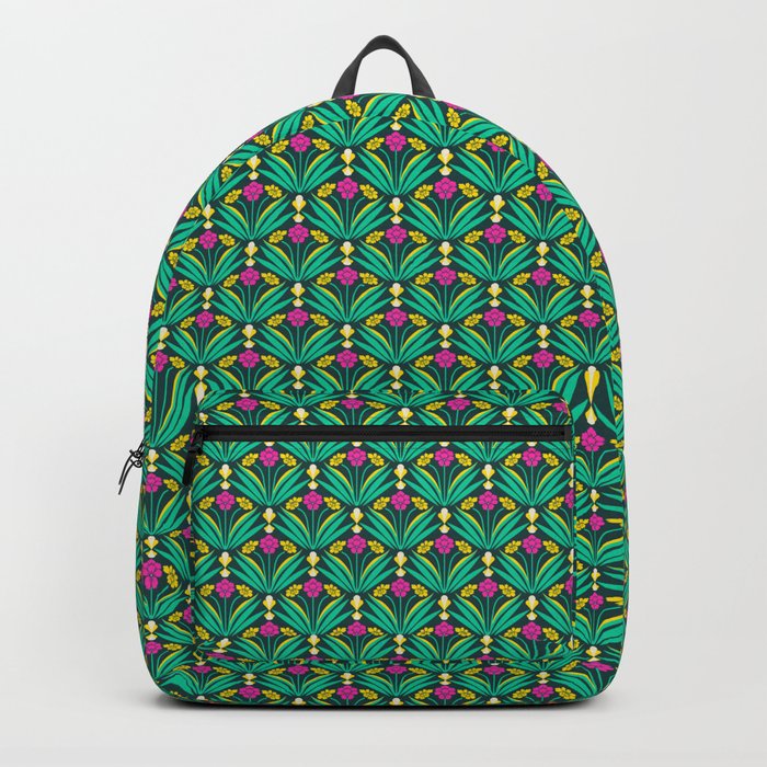 Art deco floral pattern in green, pink, and yellow Backpack
