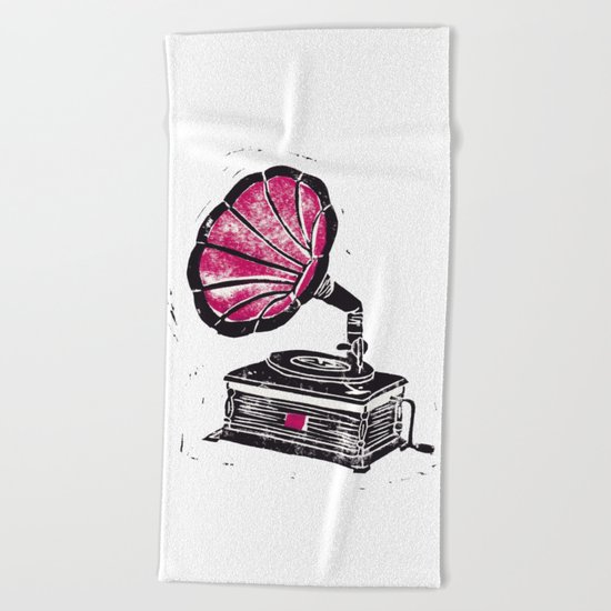 Linocut Gramophone Beach Towel