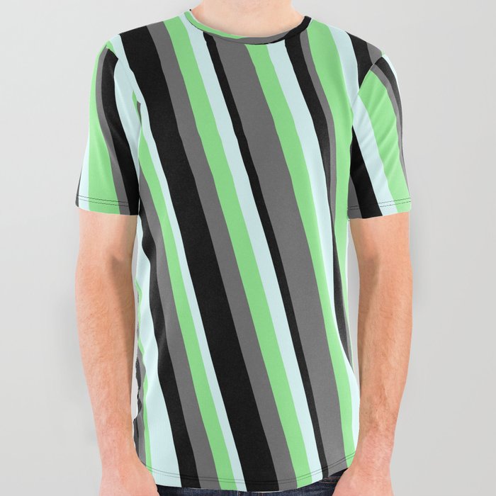 Dim Grey, Black, Light Cyan, and Light Green Colored Striped Pattern All Over Graphic Tee