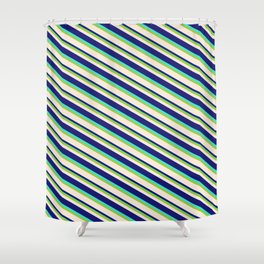 [ Thumbnail: Green, Beige, Midnight Blue & Turquoise Colored Lined/Striped Pattern Shower Curtain ]