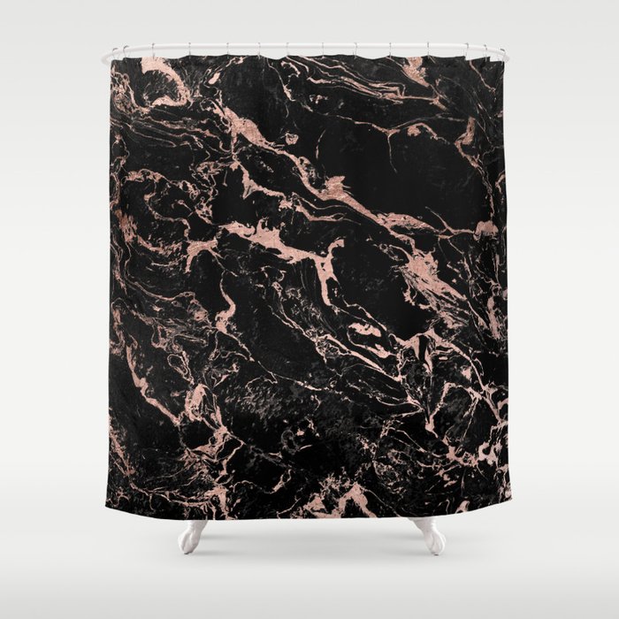 Modern Girly Faux Rose Gold Foil Black Marble Shower Curtain By