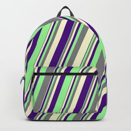 [ Thumbnail: Grey, Light Yellow, Indigo, and Green Colored Lines/Stripes Pattern Backpack ]