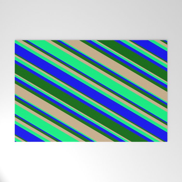 Tan, Green, Blue, and Dark Green Colored Lines/Stripes Pattern Welcome Mat
