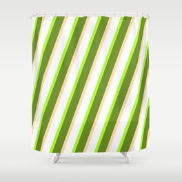 [ Thumbnail: Light Green, Green, Tan & White Colored Striped/Lined Pattern Shower Curtain ]