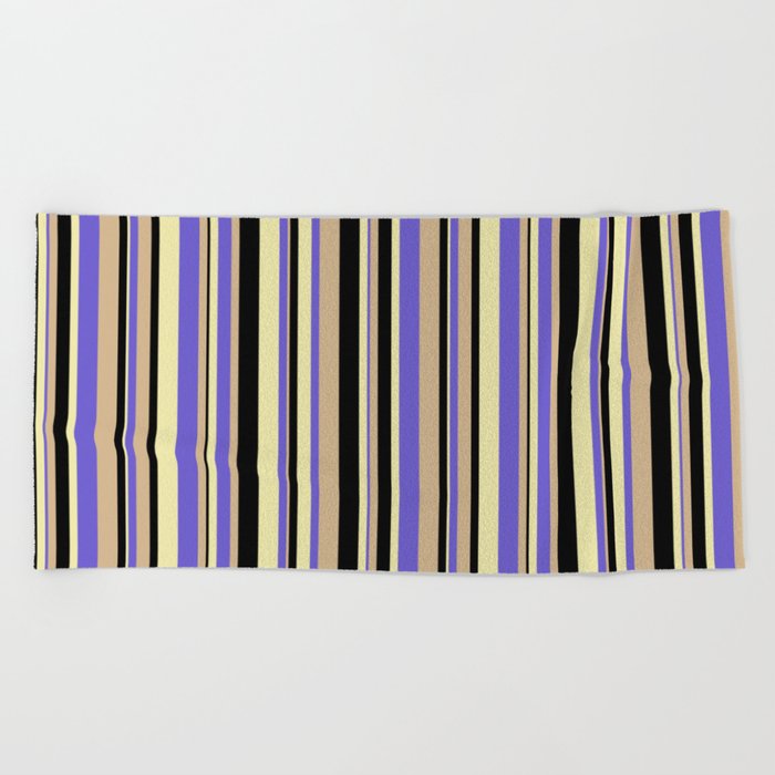 Slate Blue, Pale Goldenrod, Black & Tan Colored Striped/Lined Pattern Beach Towel