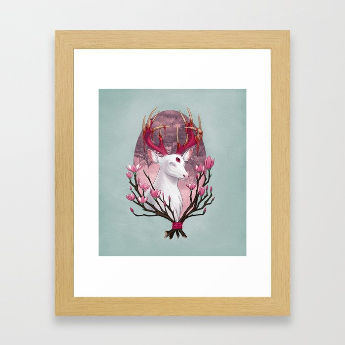 White Stag with Magnolias Framed Art Print