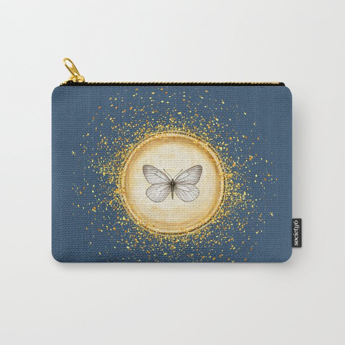 Hand-Drawn Butterfly Gold Circle Pendant on Pastel Navy Blue Carry-All Pouch