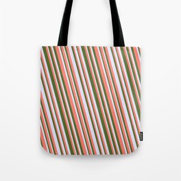 [ Thumbnail: Salmon, Dark Olive Green & Lavender Colored Lines Pattern Tote Bag ]