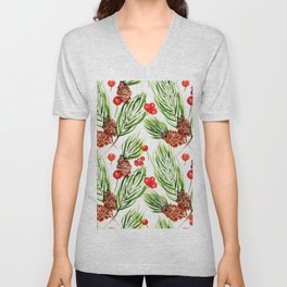 Christmas Holiday Winter Pine Tree Holly Berries Pattern V Neck T Shirt