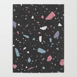 <Birds & Paper> Terrazzo Seamless Patterns 07 - Black, Pastel Pink, Light Blue, Stone, Marble, Texture, Dark Poster