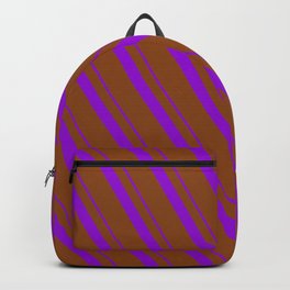 [ Thumbnail: Dark Violet and Brown Colored Striped/Lined Pattern Backpack ]