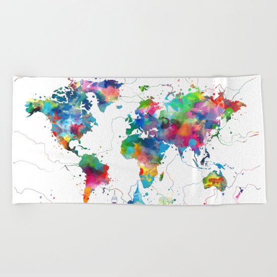 world map watercolor collage Beach Towel