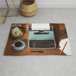 Vintage office accessories Rug | Typewriter, Photo, Stilllife, Page, Coffee, Concept, Retro, Office, Table, Telephone 