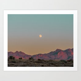 Sunset Moon Ridge // Grainy Red Mountain Range Desert Landscape Photography Yellow Fullmoon Blue Sky Art Print