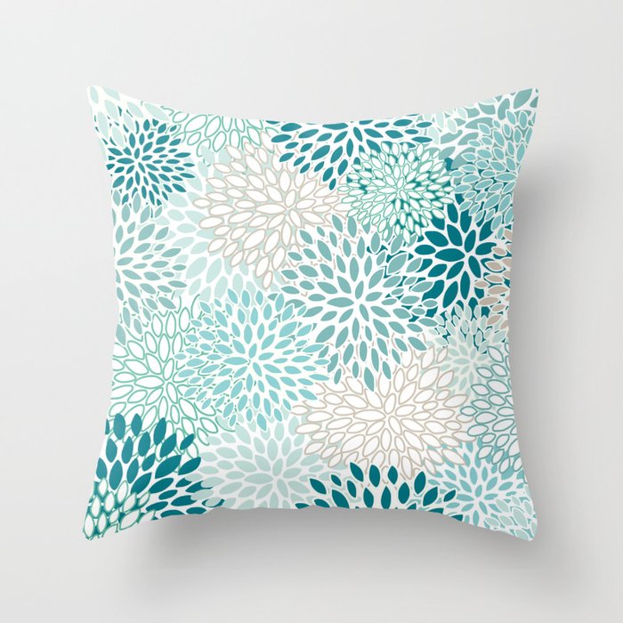 Floral Blooms in Teal, Aqua, Turquoise Throw Pillow