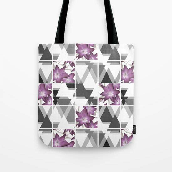 Pink lilies on grey triangles . Tote Bag