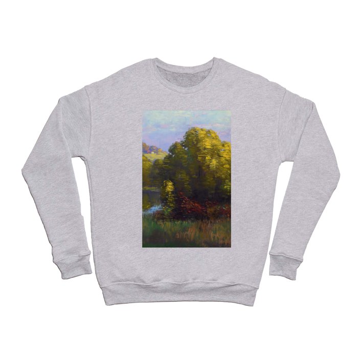 Golden Quaking Aspen Grove, Fall Lake Landscape American Impressionist painting by Will Hutchins Crewneck Sweatshirt