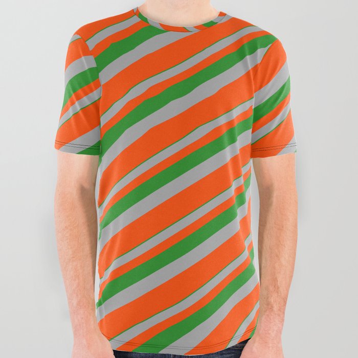 Forest Green, Dark Grey & Red Colored Lines/Stripes Pattern All Over Graphic Tee