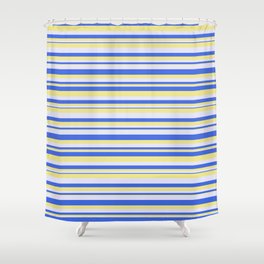 [ Thumbnail: Tan, Lavender & Royal Blue Colored Striped/Lined Pattern Shower Curtain ]