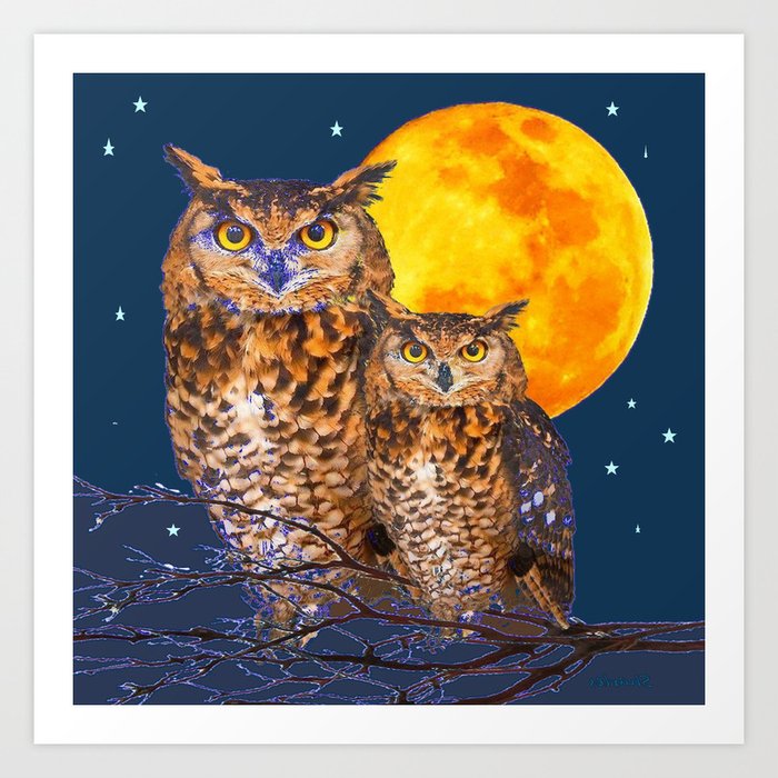 TWO OWLS IN FULL MOONSCAPE NIGHT Art Print
