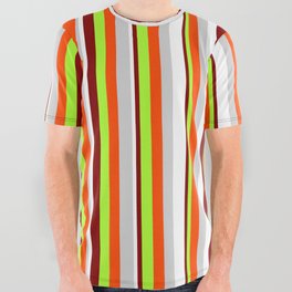 [ Thumbnail: Eye-catching Maroon, Light Green, Red, Light Gray, and White Colored Stripes/Lines Pattern All Over Graphic Tee ]