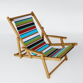[ Thumbnail: Eyecatching Deep Sky Blue, Green, Dark Red, Lavender, and Black Colored Lines/Stripes Pattern Sling Chair ]