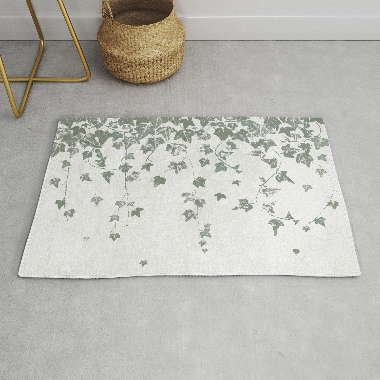 Gray Green Trailing Ivy Leaf Print Rug, Gray And Green Rug