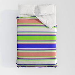 [ Thumbnail: Blue, Green, White, and Salmon Colored Lined Pattern Duvet Cover ]