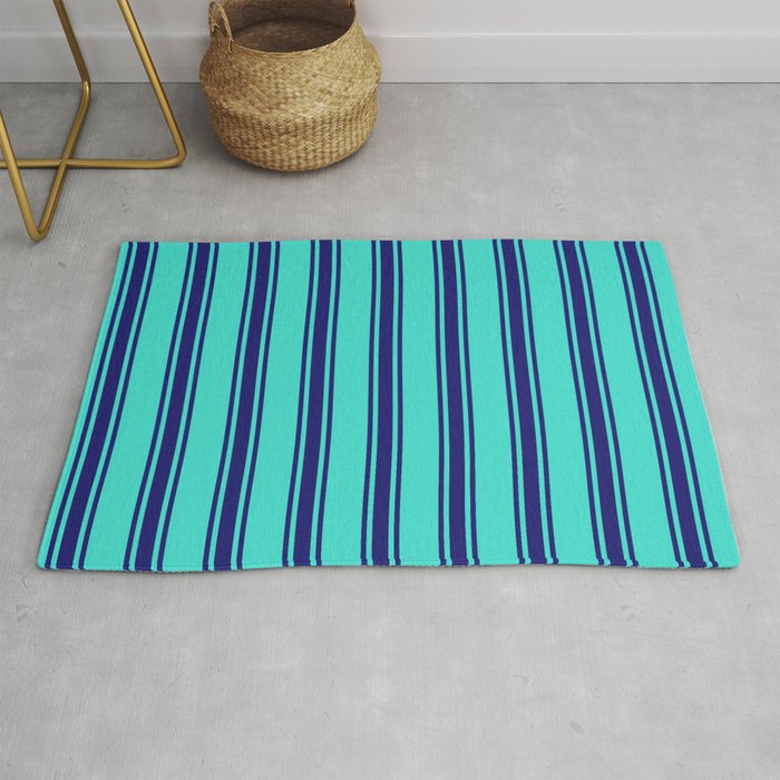 Turquoise & Midnight Blue Colored Pattern of Stripes Rug