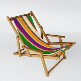 [ Thumbnail: Dark Orange, Bisque, Green, and Purple Colored Stripes Pattern Sling Chair ]