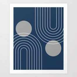 Mid Century Modern Geometric 106 in Navy Blue and Grey (Rainbow and Sun Abstraction) Art Print