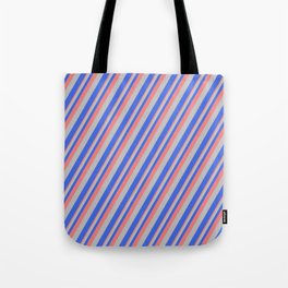 [ Thumbnail: Light Coral, Grey, and Royal Blue Colored Striped/Lined Pattern Tote Bag ]