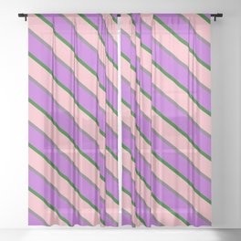 [ Thumbnail: Light Pink, Dim Grey, Orchid, and Dark Green Colored Stripes Pattern Sheer Curtain ]