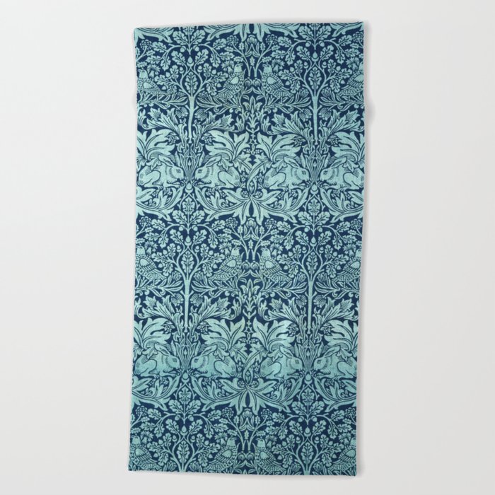 William Morris Teal Blue Rabbit And Floral Vintage Wall Paper Pattern Beach Towel