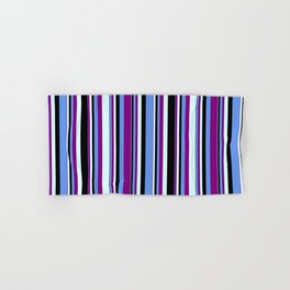 [ Thumbnail: Cornflower Blue, Purple, Light Cyan, and Black Colored Stripes Pattern Hand & Bath Towel ]