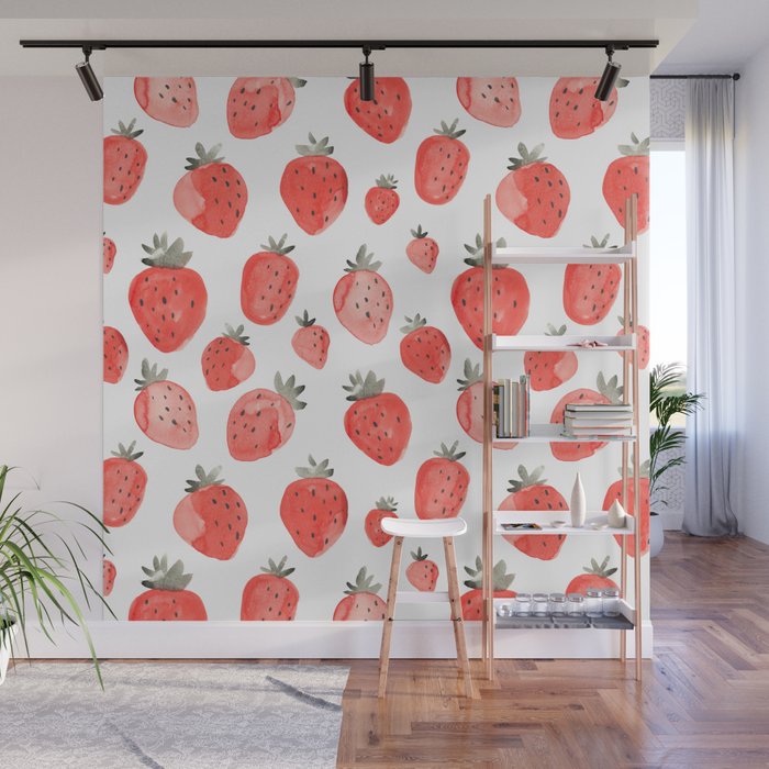Watercolor Strawberries Pattern Wall Mural