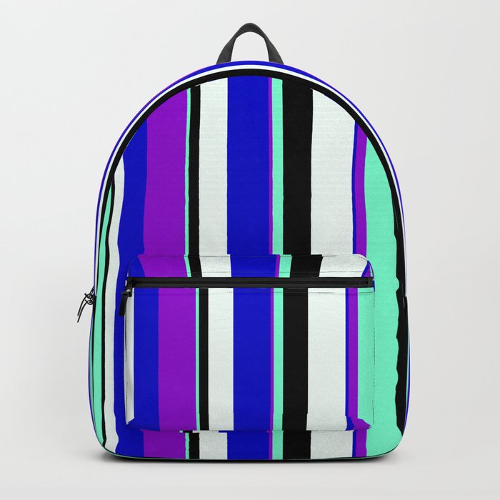 Dark Violet, Aquamarine, Black, Mint Cream & Blue Colored Pattern of Stripes Backpack